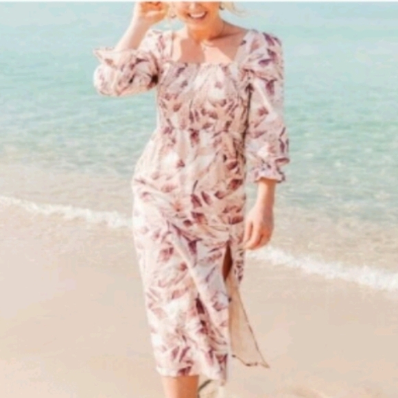House of Harlow 1960 Palm Leaf Smocked Linen Blend Midi Dress sz L - Picture 1 of 10
